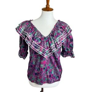 Rhythm Creations Vintage Square Dance Blouse Ruffle Purple &‎ Pink Floral Blouse